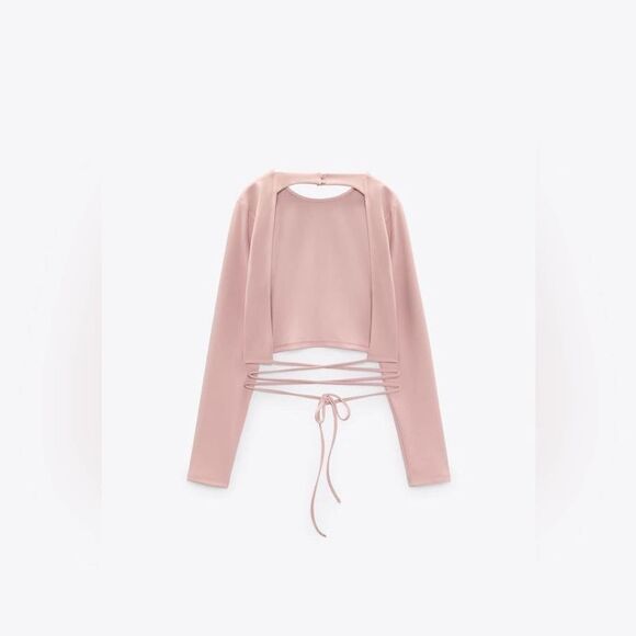 Zara NWT Cropped Open Back Top with Ties Pale Pink Size XL Bloggers Fav - Picture 9 of 11